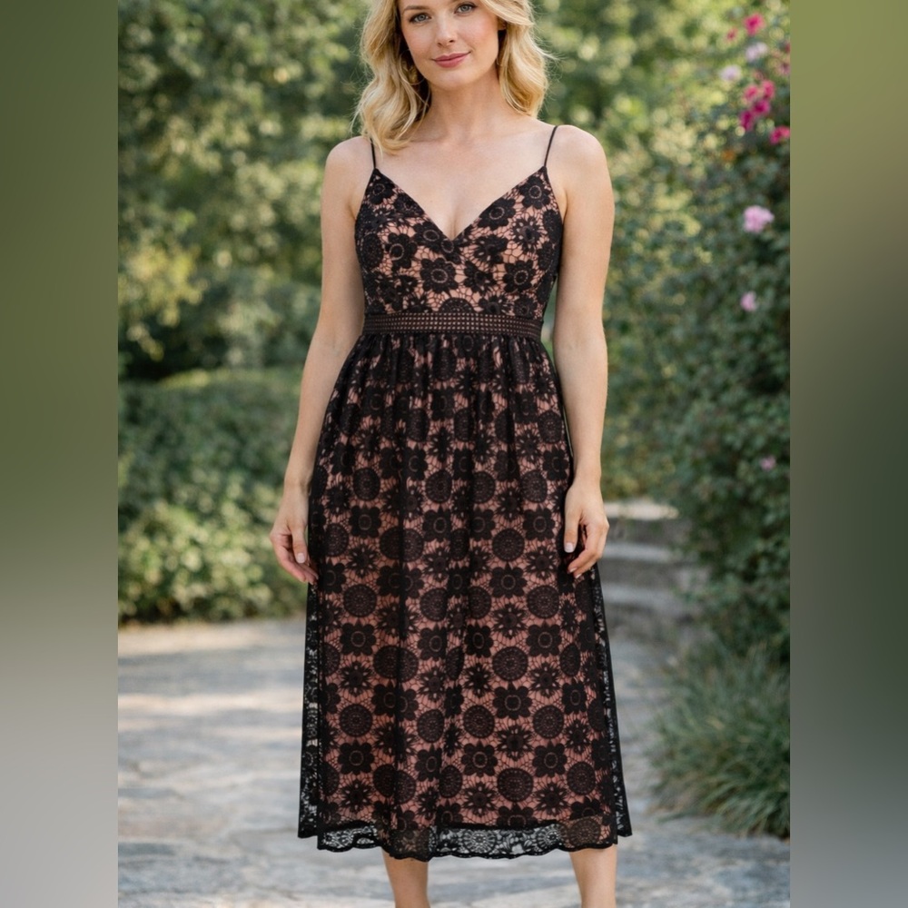 Oh My Love Lace Overlay Spaghetti Strap Midi Dress